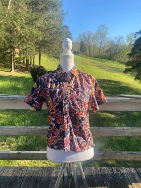 REI Short-Sleeve Button-Down Shirt - Navy with Orange & Yellow Floral
